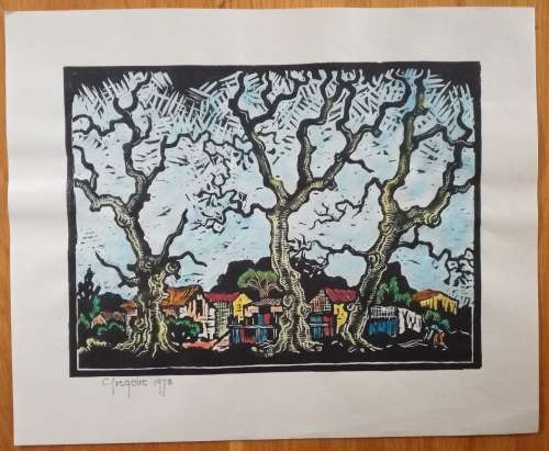 Watercolored, Huis, Bome en Tafelberg, Linocut By Gregoire Boonzaier Dated 1978