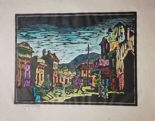 Gregoire Boonzaier Watercolored Linocut Signed and Dated 1979