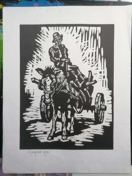 Donkey Cart Linocut By Gregoire Boonzaier Dated 1978