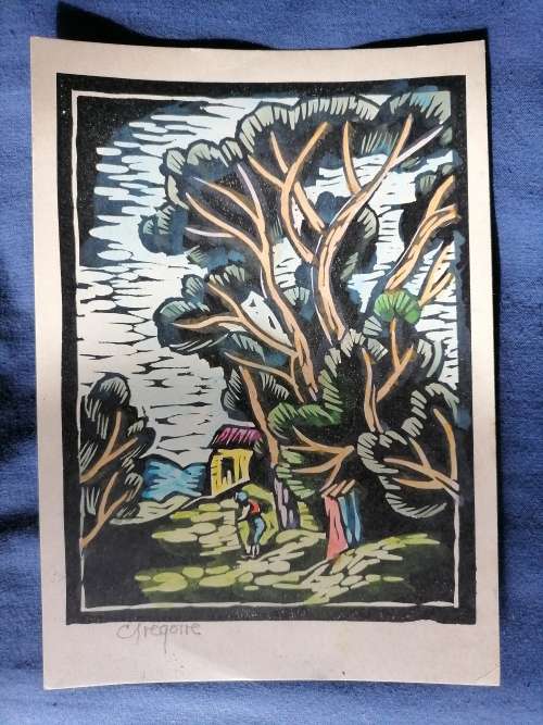 Gregoire Boonzaier Watercolor Linocut, Farm Life Scene, Signed