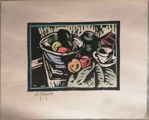 Still Life Watercolored Linocut By Gregoire Boonzaier Singed in Pencil