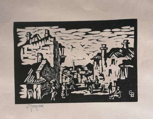 Malay Quarter Linocut By Gregoire Boonzaier Singed in Pencil
