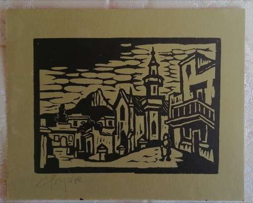 Malay Quarter Linocut By Gregoire Boonzaier Signed in Pencil.