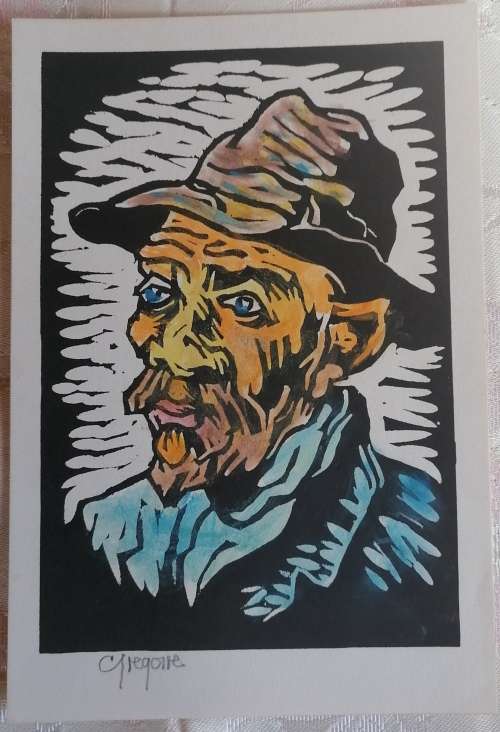 Watercolored Portrait Linocut By Gregoire Boonzaier Signed in Pencil
