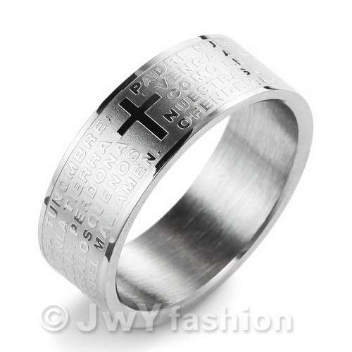 size 9  STAINLESS STEEL  RING  LORD PRAYER SPANISH   8MM WIDE 2.1 MM THICK