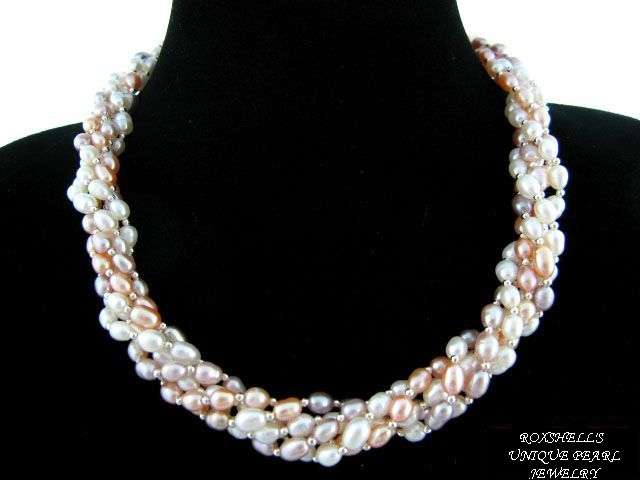 LAVENDER WHITE AND  PINK FRESHWATER PEARLS TWISTED ROPE NECKLACE