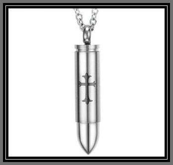 SILVER STAINLESS STEEL BULLET PENDANT WITH BLACK SAND BLASTED CROSS AND STUNNING CHAIN 50CM