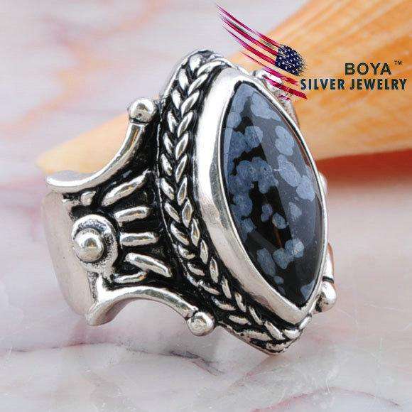 SNOWFLAKE OBSIDIAN    SIZE 9  925 STERLING SILVER RING