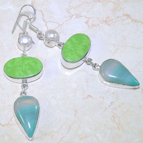 GREEN BOTSWANA AGATE MOSAIC JASPER AND RIVER PEARLS SET IN  925 STERLING SILVER EARRINGS
