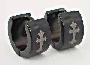 BLACK  STAINLESS STEEL HOOPED EARINGS WITH  SANDBLASTED DESIGN