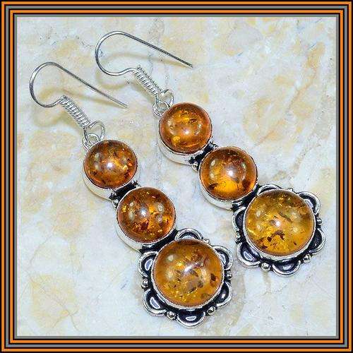 AMBER 14 X 14 MM SET IN 925 STERLING SILVER DROP EARRINGS