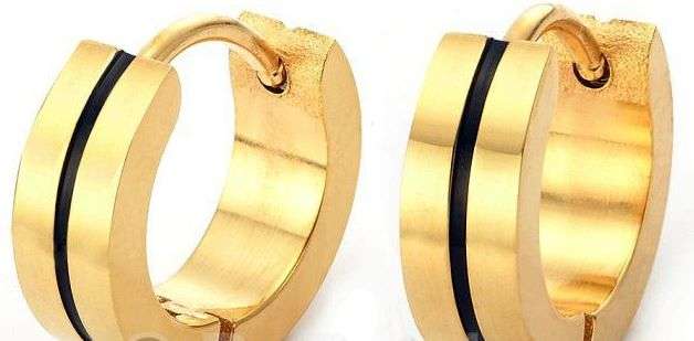 DAZZLING MENS GOLD STAINLESS STEEL  HOOP BLACK INLAY EARINGS