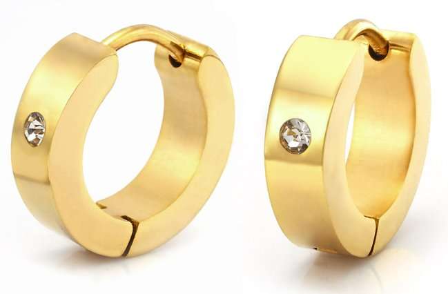 MENS GOLD  STAINLESS STEEL HOOPED EARINGS WITH  CZ  INSET
