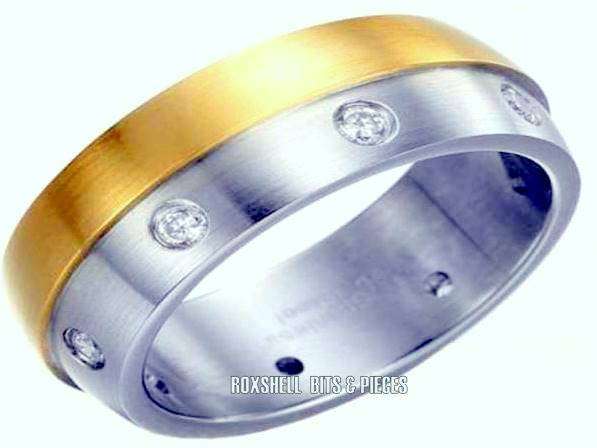 MENS SOLID  STAINLESS STEEL SILVER AND GOLD WEDDING BAND WITH CZ STONES ALL ROUND