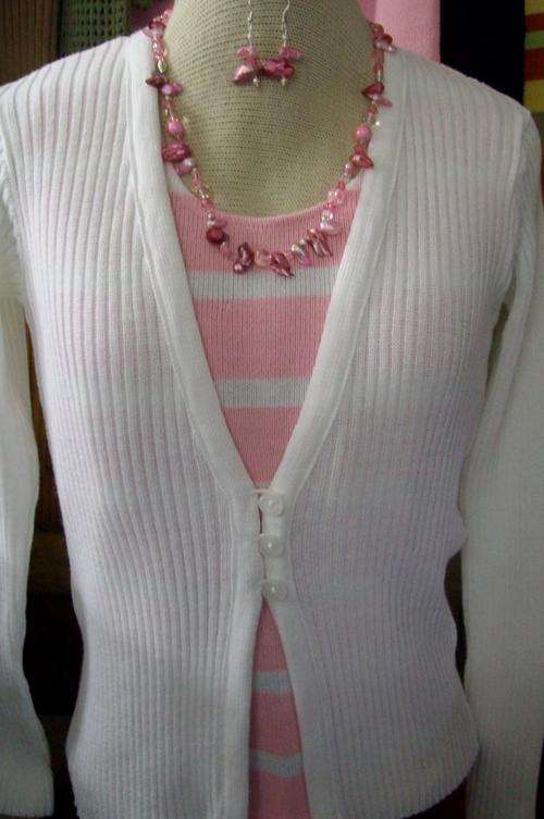 PEARL NECKLACE & MATCHING EARING  WITH A TWIN KNIT SET  RIBBED  CARDI AND VEST