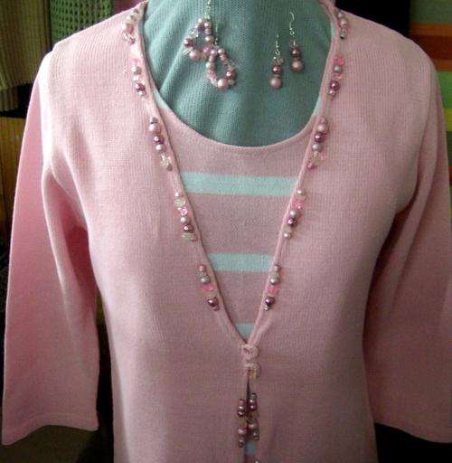 TWIN KNIT BEADED CARDIGAN WITH STRIPED VEST AND 2 PAIRS FREE MATCHING  EARINGS