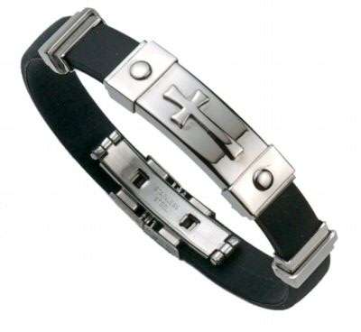 MANS STAINLESS STEEL 316L SILVER AND BLACK ION RUBBER BRACELET