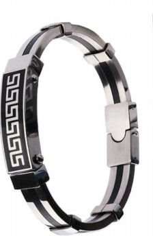 TRENDY S STEEL 316L SILVER  AND BLACK BRACELET WITH A SECTION OF BLACK GREEK  DESIGN ADDED ON