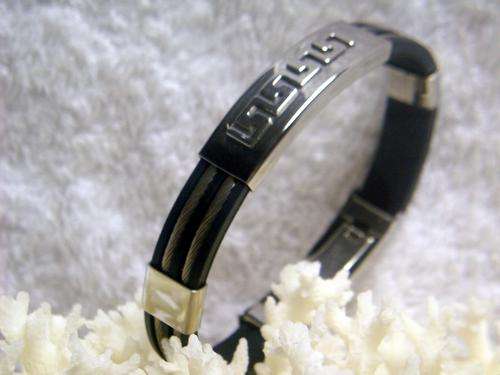 MANS S STEEL 316L SILVER AND BLACK ION RUBBER GREEK BRACELET WITH DOUBLE ROPE FEATURE