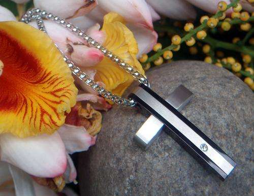 BLACK AND SILVER STAINLESS STEEL 316L CROSS PENDANT WITH C.Z.
