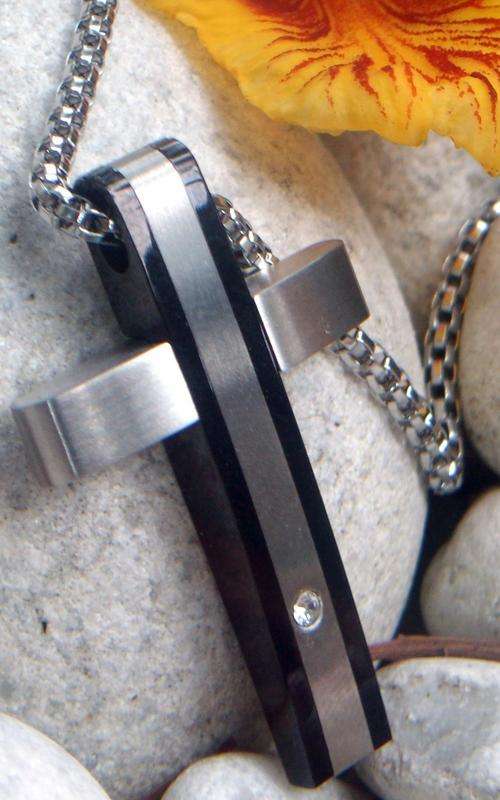 BLACK &  SILVER STAINLESS STEEL 316L CROSS PENDANT WITH C.Z. AND AWESOME  55CM BOX  SILVER CHAIN