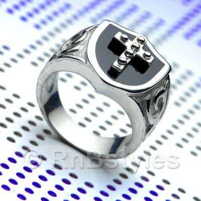 RSBnP  VINTAGE STYLE SILVER AND BLACK STAINLESS STEEL CROSS RING  SIZE 9