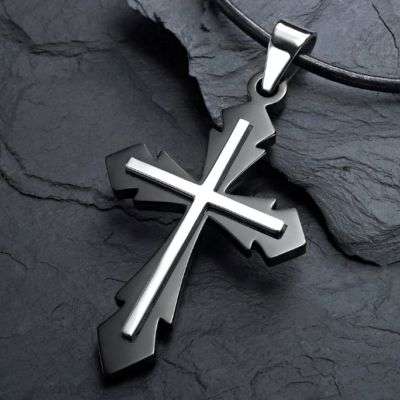 BLACK AND SILVER STAINLESS STEEL 316L CROSS PENDANT WITH LEATHER OR RUBBER THONG