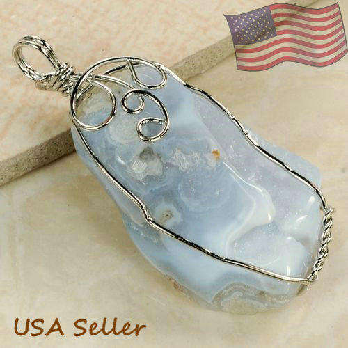 BLUE  AGATE DRUZY GEODE  18K WGP WIRE WRAP PENDANT   44MM X 14MM X 28MM    25GRMS