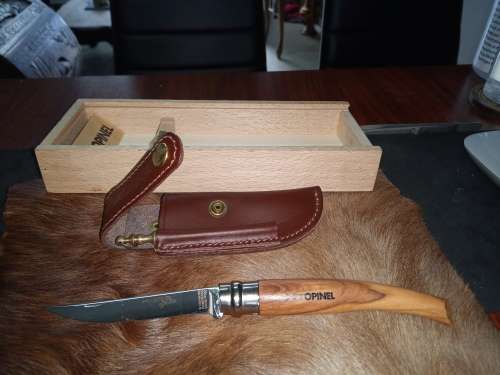 OPINEL FOLDING KNIFE IN SHOWCASE WITH GENUINE LEATHER POUCH AND SHARPENER