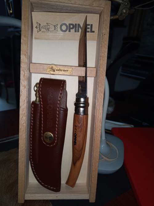 OPINEL FOLDING KNIFE IN SHOWCASE WITH GENUINE LEATHER POUCH AND SHARPENER