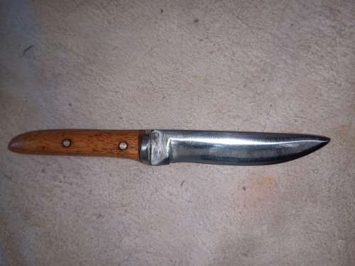 HUNTING KNIFE WITH HANDMADE WOOD HANDLE AND LEATHER SCABBARD