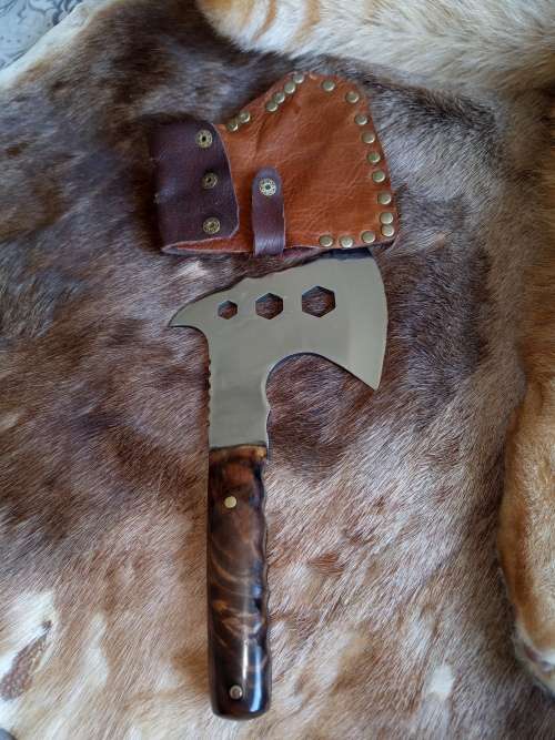 CAMPING AXE HANDMADE WITH LEATHER BELT SCABBARD