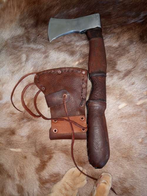 VIKING AXE HANDMADE WITH BEACHWOOD LEATHER COVERED HANDLE AND HANDMADE LEATHER SCABBARD