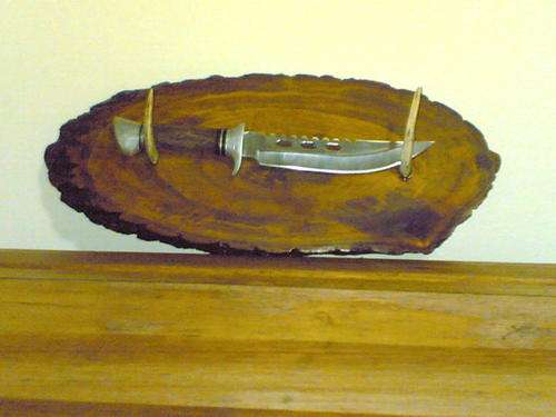 HUNTING KNIFE WITH WALL MOUNT STAND MADE OF WHARTHOG TEETH KNIFE 440 SS AND SNAKE WOOD