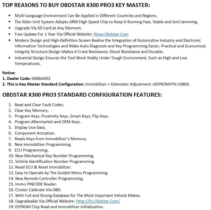OBDSTAR X300 PRO3 Key Master Standard Configuration Immobilizer/Odometer /EEPROM/PIC+OBDII