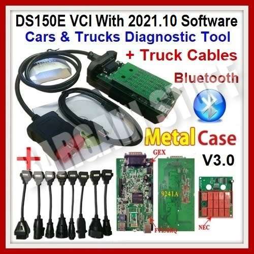 Delphi DS150E OBDII Bluetooth Diagnostic Tool with Latest software 2021.10b and 8pcs Truck Cables