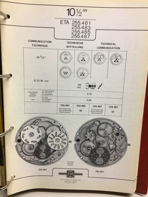 ETA watch movement parts catalogue