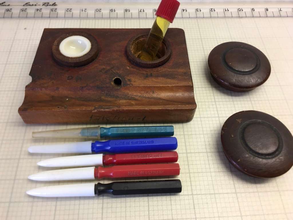 Watchmakers oil pot with applicators & Moebius oil