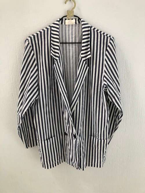 Vintage Blue and White Striped Linen Jacket (Size 12)