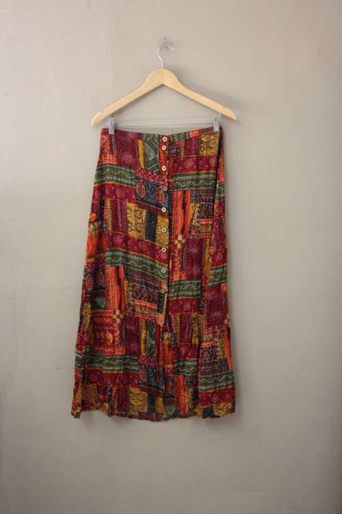 Vintage Patchwork Print Boho Button Up Skirt (Size 36)