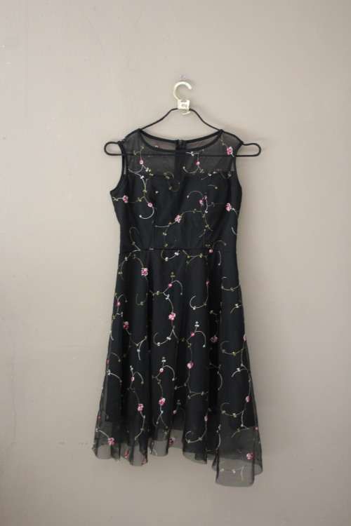 Stunning Black Mesh Dress with Floral Detail (Small)
