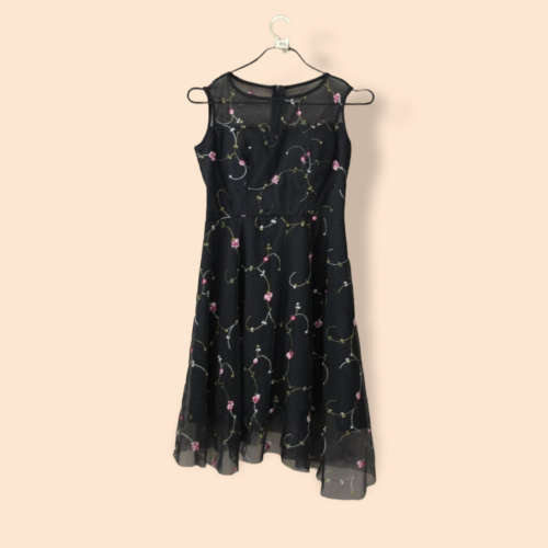 Stunning Black Mesh Dress with Floral Detail (Small)