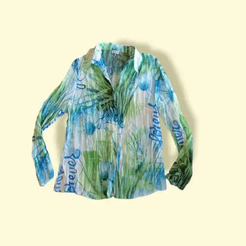 Vintage Green, White and Blue Pleated Button Up Shirt (Size 12)