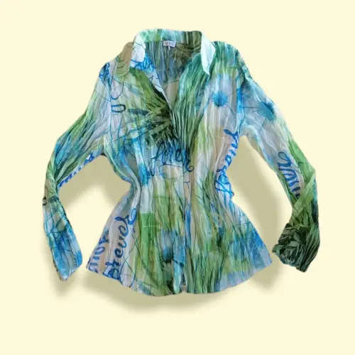 Vintage Green, White and Blue Pleated Button Up Shirt (Size 12)