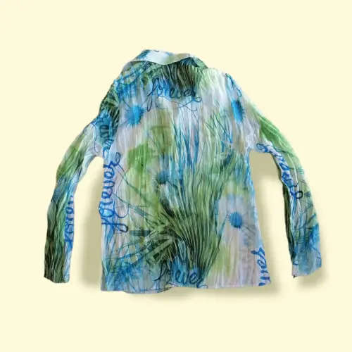 Vintage Green, White and Blue Pleated Button Up Shirt (Size 12)