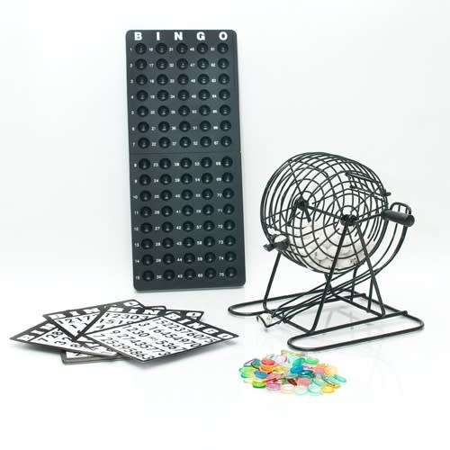 TRADITIONAL BINGO BALL WIRE CAGE WHEEL LOTTO GAME SET AND CARD MARKER TICKET SET