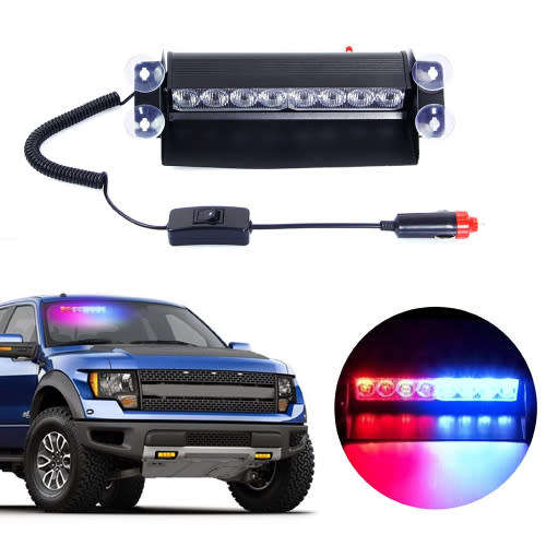 Car 24W 8 LED Emergency Vehicle Flash Light Dashboard Strobe Warning Blue Red Amber