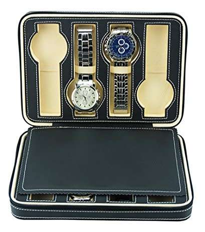 8 Slots Zippered Watch Box Traveler's Black Watch Storage Case Organizer