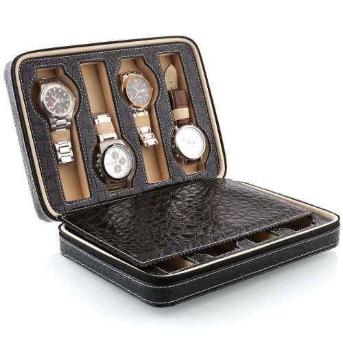 8 Slots Zippered Watch Box Traveler's Black Watch Storage Case Organizer