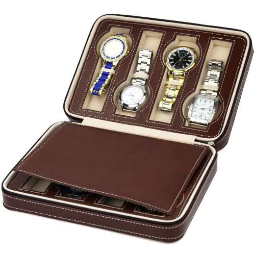 8 Slots Zippered Watch Box Traveler's Black Watch Storage Case Organizer